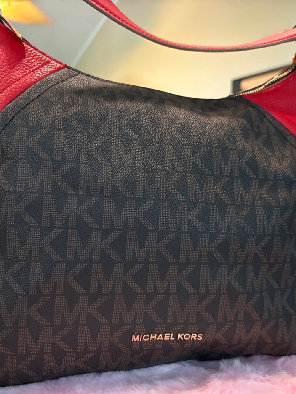 Michael Kors Brown Logo Hobo with Red Trim